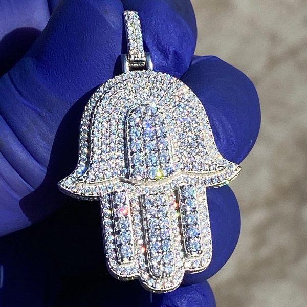 925 Sterling Silver Hamsa Hand Iced CZ Pendant on Sale - Image 2