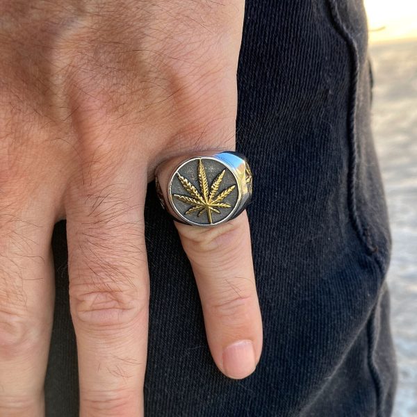 Marijuana Gold Finish Weed Leaf Stainless Steel Two Tone Ring For Discount - Image 2