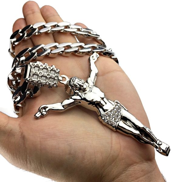 Silver Tone 3.5  Jesus Body Pendant Cuban Chain Necklace 33  Discount - Image 5