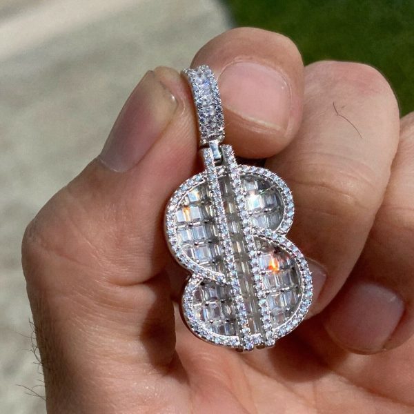 925 Sterling Silver Iced Dollar $ Sign Flooded Out CZ Baguette Pendant Online now - Image 2