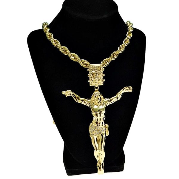 14K Gold Plated Huge Jesus Body 4.5  Pendant Rope Chain Necklace 30  Hot on Sale