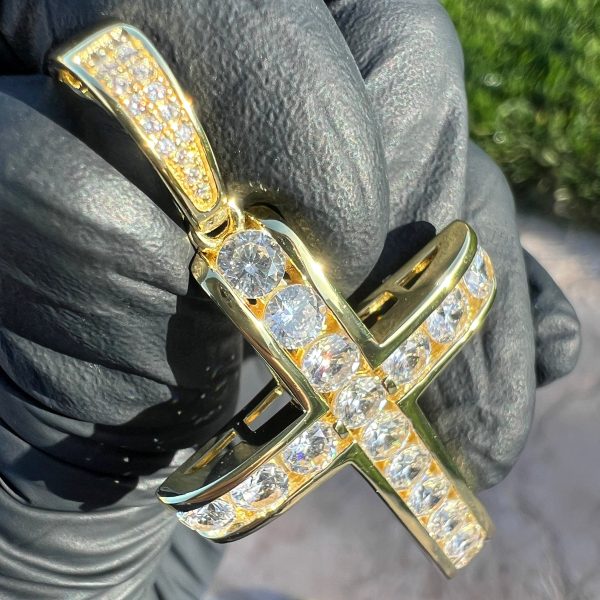 14k Gold Plated 925 Sterling Silver Channel-Set CZ Tennis Cross Pendant For Cheap - Image 2