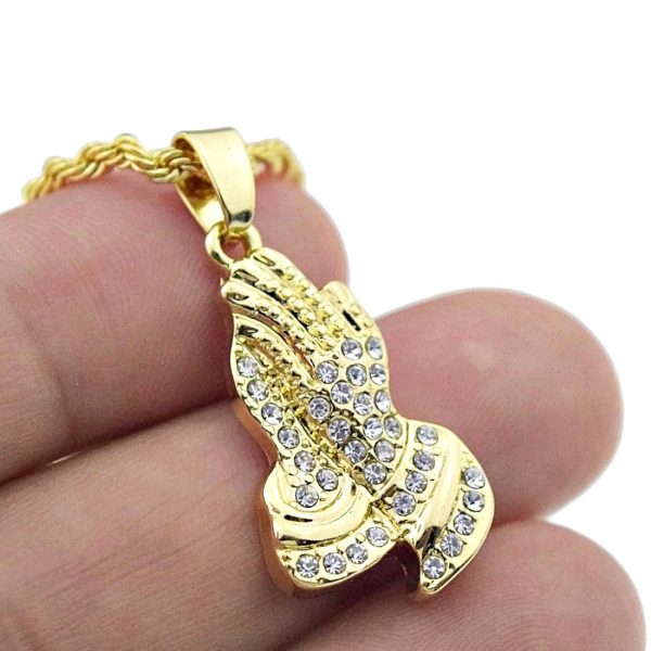 Micro Praying Hands Iced Gold Finish Rope Chain Necklace 24  Online Hot Sale - Image 4