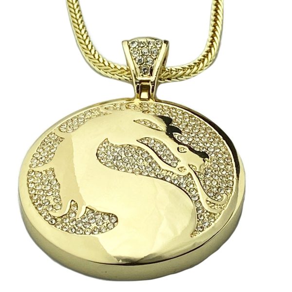 Dragon Round Medallion Chain Iced CZ Gold Plated Franco Necklace 36  on Sale
