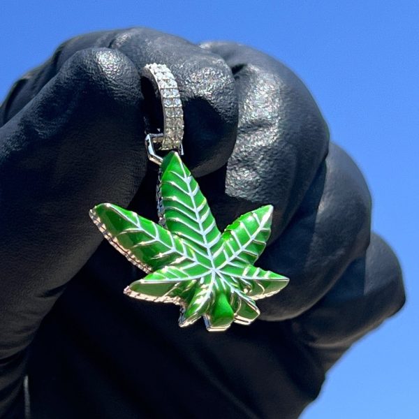 925 Sterling Silver Green Enamel Weed Leaf Marijuana 0.2ct Moissanite Pendant Discount - Image 3